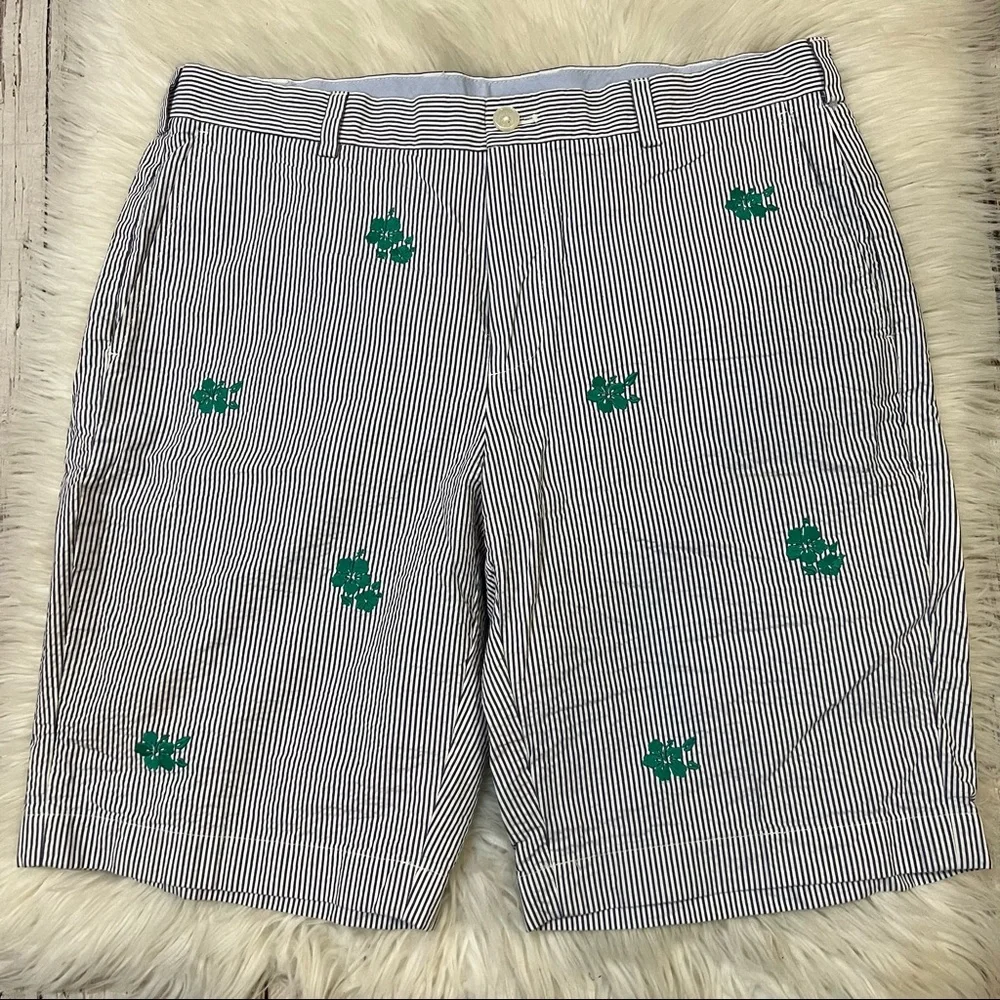 Brooks Brothers 346 Blue & White Seersucker Green Floral Embroidered Shorts 36 - Picture 1 of 4
